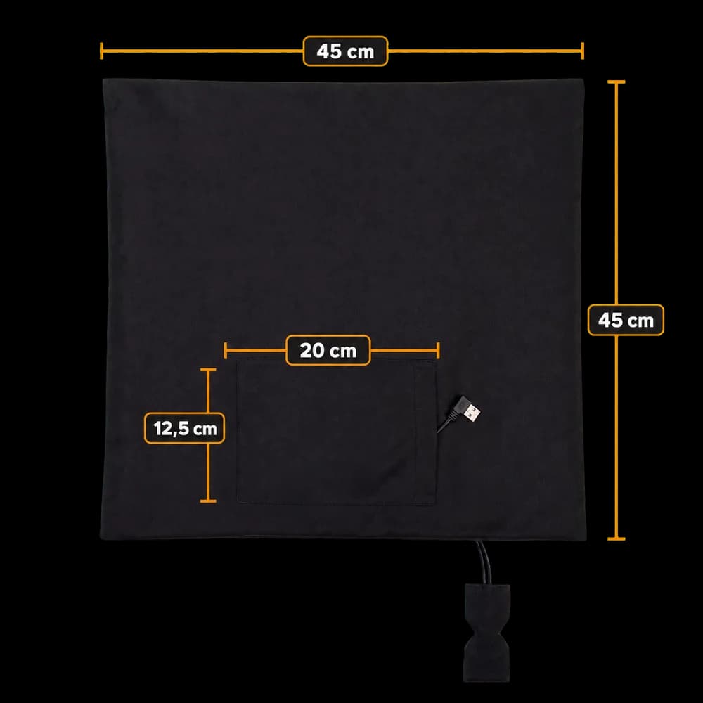 Back of the Warmpi heated inner cover with dimensions and power bank pocket