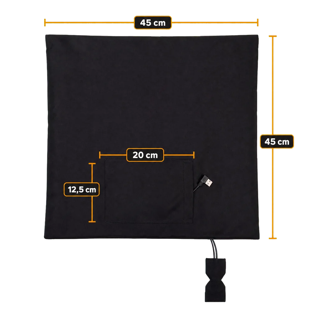 Back of the Warmpi heated inner cover with dimensions and power bank pocket